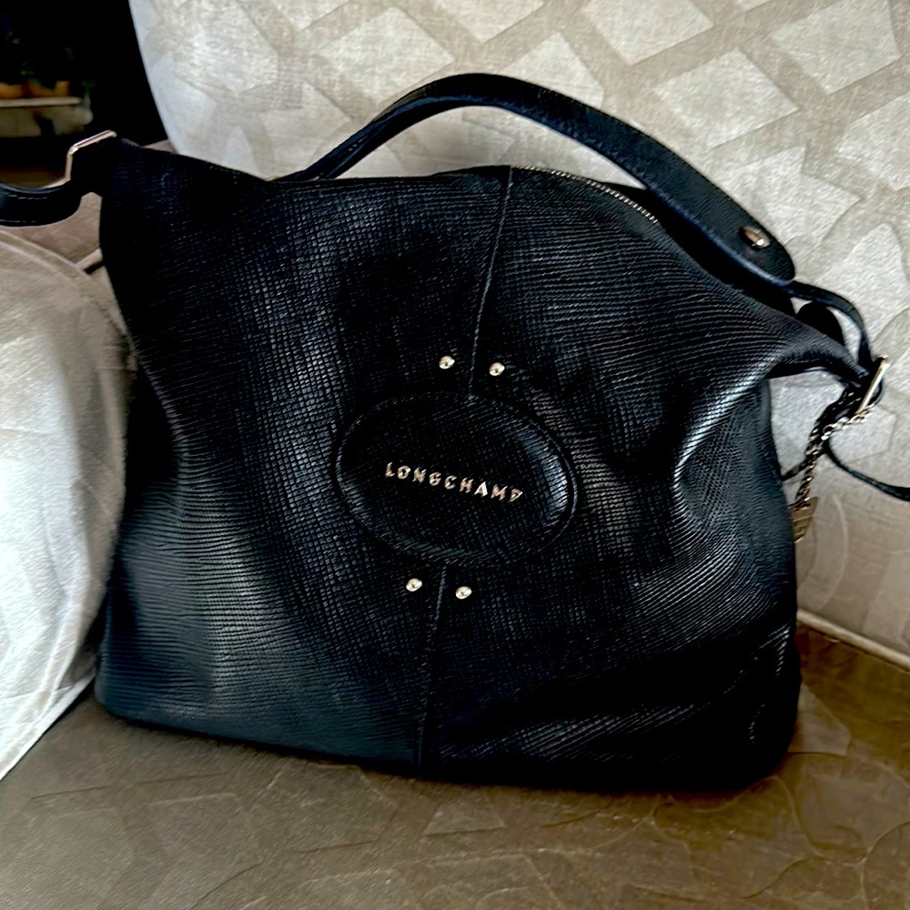 Authentic Longchamp Quadri Hobo Black Leather Shoulder Bag Handbag Tote Satchel